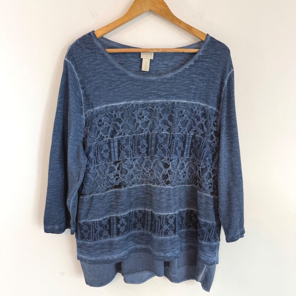 Chico's Lace Inset Tunic Top Blue Mineral Wash Boho Romantic Slub Knit Size 3 XL